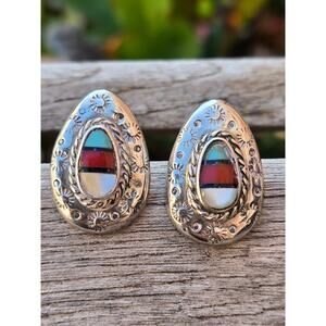Vintage Navajo Turquoise, Red Coral & Mother Of Pearl Post Stud Earrings